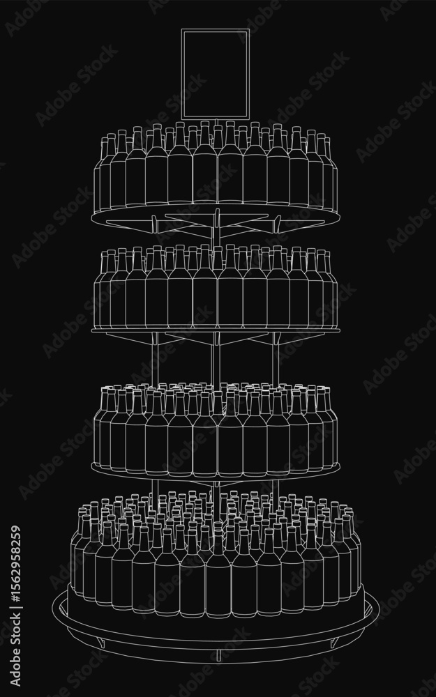 Poster a multi-tiered circular shelf with multiple bottles of drinks arranged on each level, resembling a s
