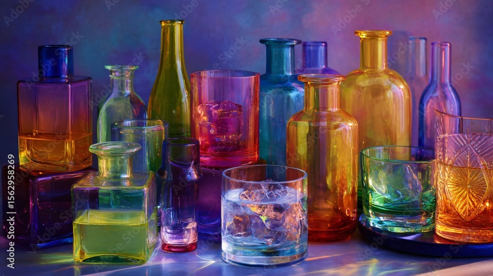 Aufkleber vibrant array of crystal glass tumblers and bottles create a colorful, glowing gradient on a