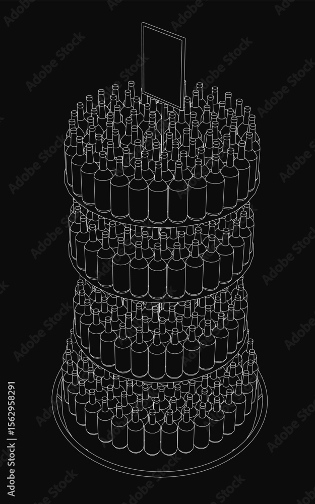 Poster a multi-tiered circular shelf with bottles of drinks arranged on each level, resembling a store disp