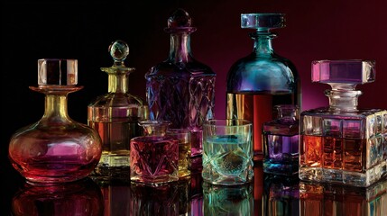 Still life of luminous crystal decanters, radiating a vibrant spectrum of neon CMYK colors on a