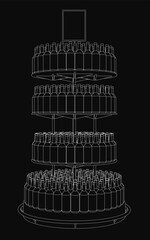 A multi-tiered circular shelf with multiple bottles of drinks arranged on each level, resembling a store display. White line art illustration on a black background, created in a clean vector style.