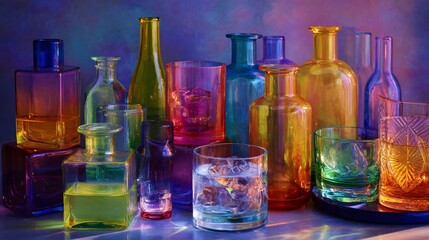 Vibrant array of crystal glass tumblers and bottles create a colorful, glowing gradient on a