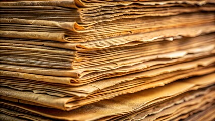 A detailed closeup shot reveals a stack of aged, yellowed papers, their textures and worn edges hinting at a rich history
