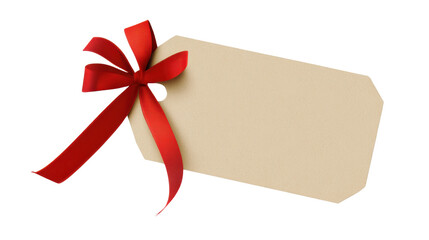 Close-up of a blank beige gift tag with a red ribbon on white background 