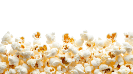Delicious Close-up of freshly popped popcorn kernels lined up on white background 