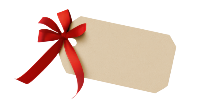 Close-up of a blank beige gift tag with a red ribbon on white background 