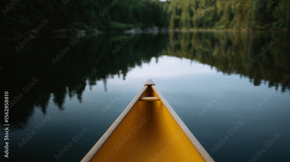 Poster canoe floating on glassy lake surrounded by forest, peaceful and calm atmosphere, reflection on wate