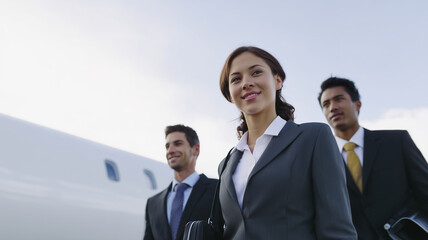 Business travelers in formal wear walking confidently near private jet, outdoor airport setting, professional mood