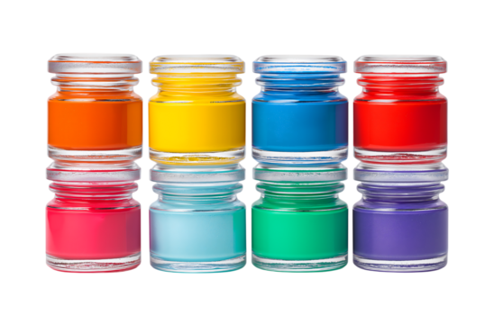 8 small plastic jars of acrylic paints in different colors isolated on a transparent background