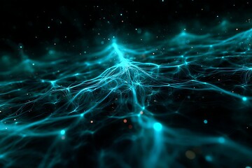 Blockchain visualized as glowing neural roots spreading through a digital cosmos, 8k fractal patterns, neon cyan and black