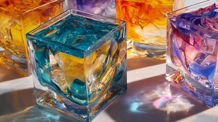 Abstract crystal sculptures filled with liquid exhibit neon CMYK colors and light interplay,