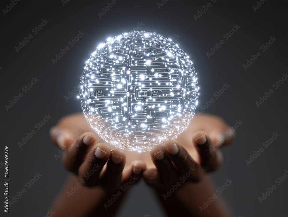 Poster hands glowing globe data digital technology futuristic innovation circuit sphere artificial intellig