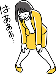 膝に手を当ててため息をつく女性