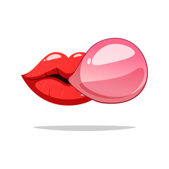 Lips and bubble gum vector isolated on white background.