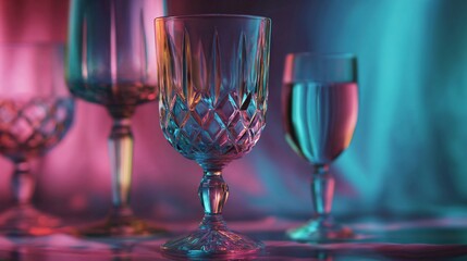 Crystal glass set shimmers with neon CMYK gradient, softly blurred background creating a dreamy