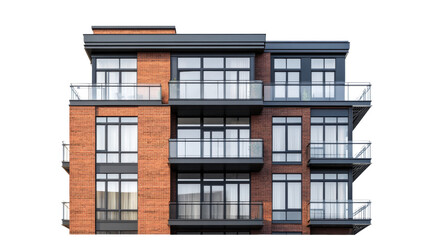 Modern multi-story brick apartment building on white background 