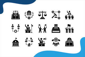 Power and Politics icon set. with Democracy, Electoral, Executive, Civil liberties, Election, Republic, Federal, Bureaucracy, Campaign, Diplomacy, Political science, Power.