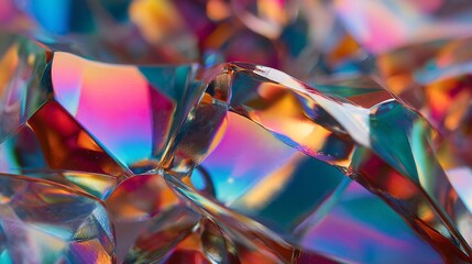 Macro shot of clear crystal glass reflecting neon hues, exhibiting colorful refracted light and