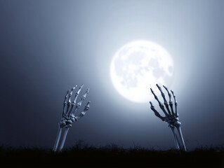 Skeleton hands reaching from ground under bright full moon, eerie and mysterious night scene