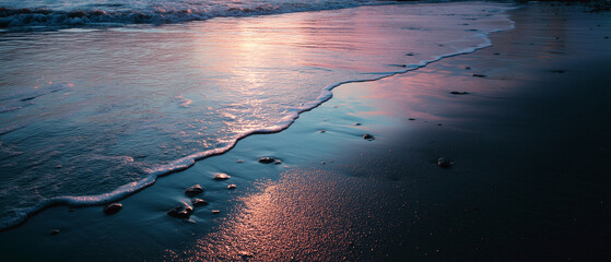 Serene beach at dusk with reflective wet sand, gentle waves, tranquil mood, and soft sunset colors