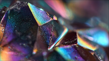 Close-up displays crystal glass refracting light with neon colors, creating an abstract, vibrant
