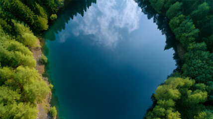 Top view of serene lake with crystal clear water, surrounded by lush green forest and reflecting sky