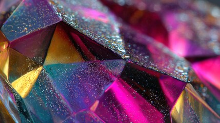 Macro shot exhibits crystal facets with a dynamic gradient of neon, cyan, magenta, and yellow hues.