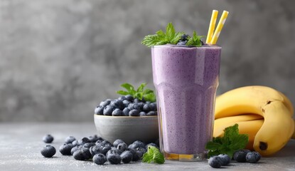 Blueberry smoothie with banana & mint leaves. Healthy drink for banner or article