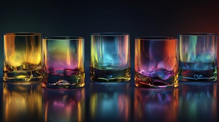 Five crystal tumblers gleam with neon CMYK gradients against a dark backdrop, reflecting on a