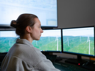 Young woman monitoring wind farm control center with multiple screens displaying wind turbines and green landscape