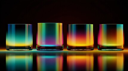 Four crystal tumblers displaying vibrant neon CMYK color gradients with reflections against a dark
