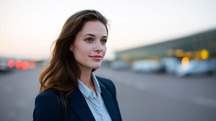 Young businesswoman blazer outdoor confident professional smiling evening waiting at urban location