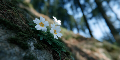 White wildflower green leaf moss tree trunk forest sunlight nature peaceful mood