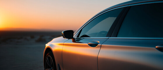 Luxury car sunset desert reflection metallic elegant modern sleek peaceful travel