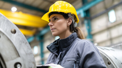 Woman engineer wearing yellow hard hat inspecting industrial machinery in factory, focused and professional