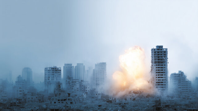 War torn city explosion destroyed building urban ruins smoke devastation dramatic conflict