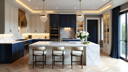 Fototapeta premium Interior of a modern black-themed kitchen featuring sleek cabinetry, minimalist design, matte finishes, and ambient lighting for a luxurious atmosphere.