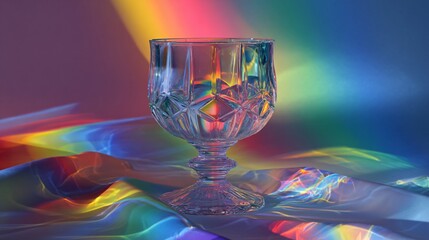 A crystal vase glows with vibrant neon lights, casting spectral rainbow colors on the soft surface.
