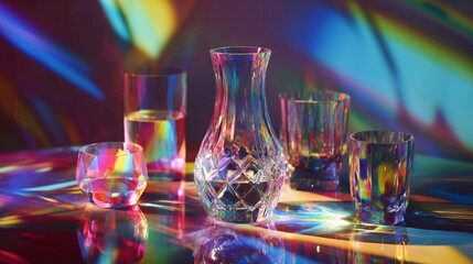 Crystal vase and glasses showcase refracted neon light in a spectrum of vibrant colors creating a