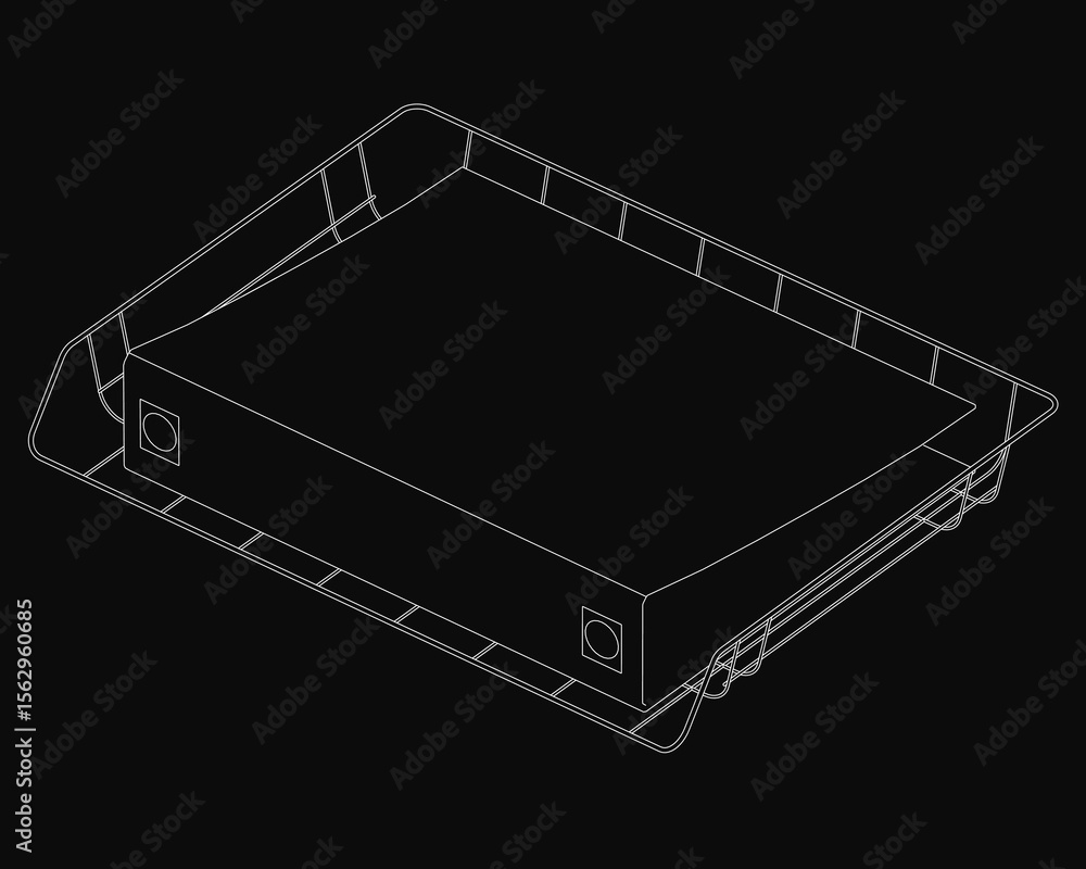 Poster a black and white line drawing of a rectangular tray with a lid, ideal for office organization. the 