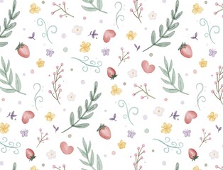 Cute Hand Drawn Watercolor Spring Strawberry Floral Leaf Pattern with White background