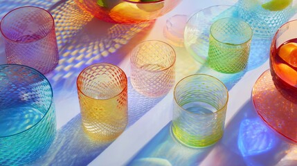 Overhead view showcases crystal glassware with a neon CMYK gradient pattern and textured surfaces
