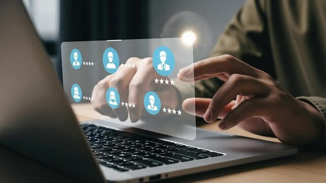 Person holding btb digital graphic with handshake icon above laptop on a white surface indoors