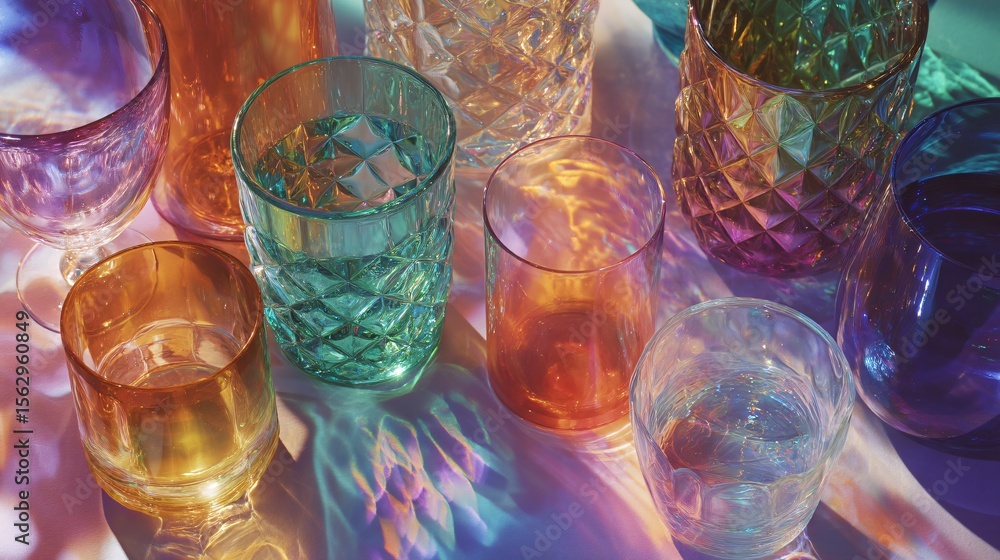 Aufkleber overhead view showcases crystal glassware with vibrant gradient patterns and refracted light