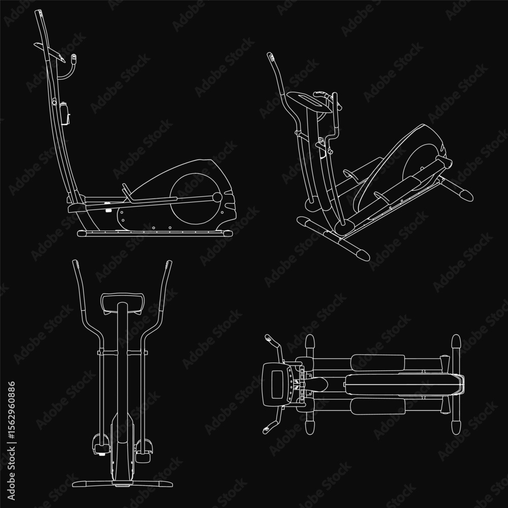 Poster three elliptical machines with sleek designs stand in a row against a black background, featuring di
