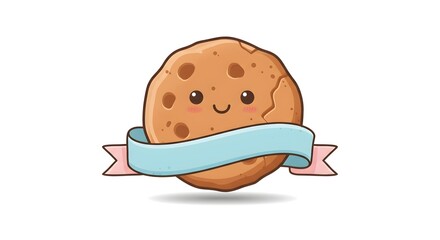 Fototapeta premium Cute Happy Brown Cookie Illustration with Blue Ribbon Banner on White Background