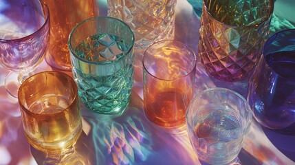 Overhead view showcases crystal glassware with vibrant gradient patterns and refracted light