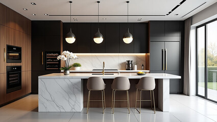 Interior of a modern black-themed kitchen featuring sleek cabinetry, minimalist design, matte finishes, and ambient lighting for a luxurious atmosphere.

