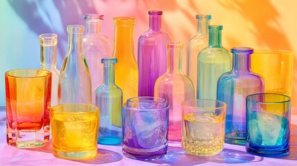 Assorted crystal glass tumblers and bottles in a gradient of vibrant neon CMYK colors on tabletop