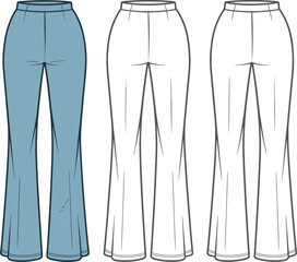 Women's Flared Trousers Technical Flat Sketch, Front and Back Views, Fashion Apparel Template, Bell Bottom Pants Design, Classic Style, Detailed Outline for Digital Art.